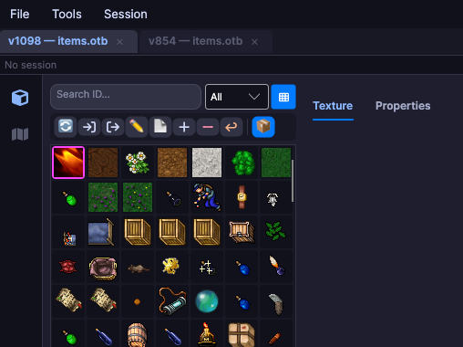 Painel de itens no modo grade de ícones