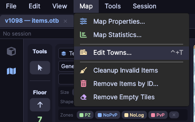 Menu Map com opções de propriedades e estatísticas